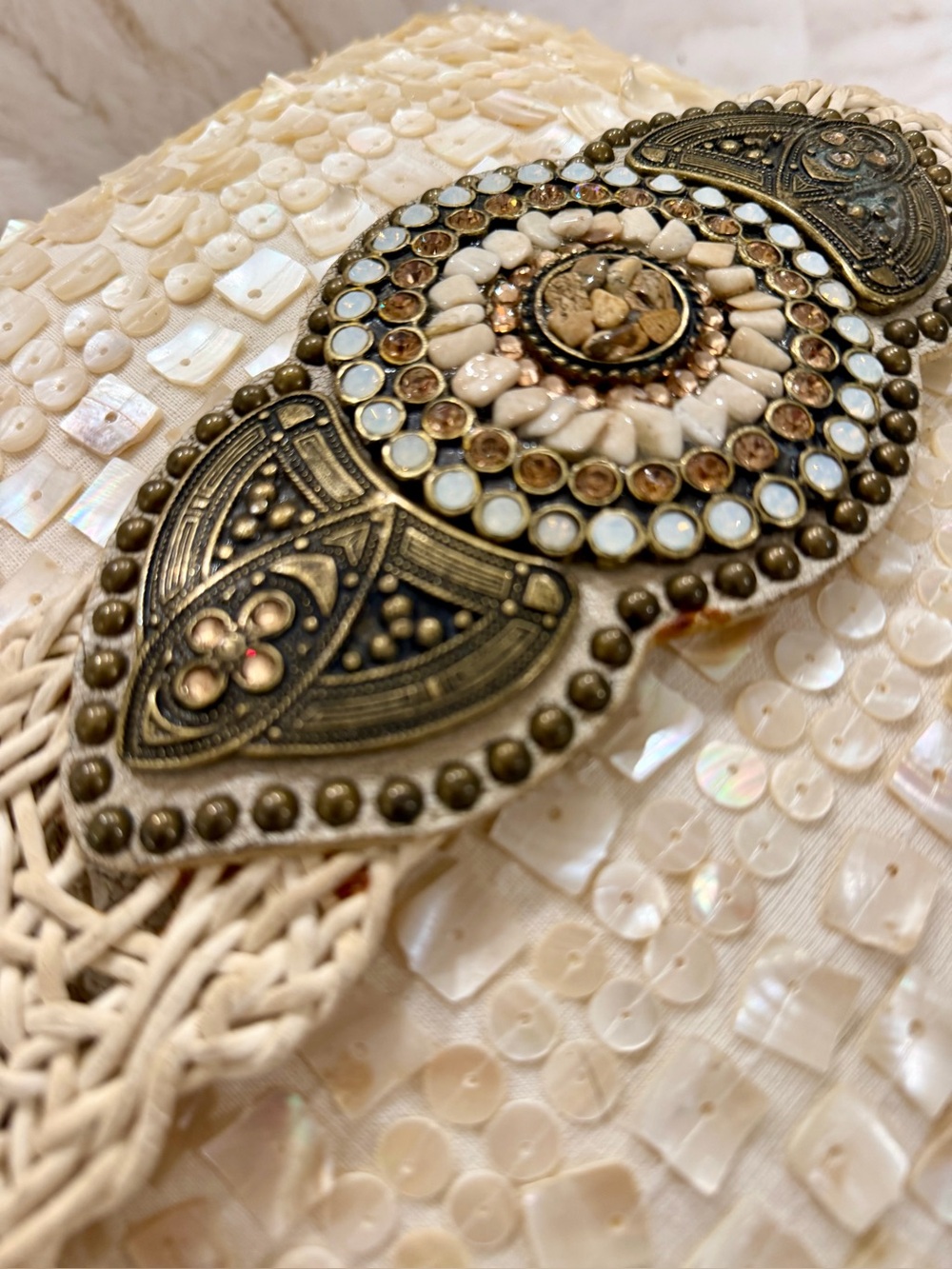 Leatherock Mother-of-Pearl Woven Clutch in Ivory and Gold-Tone Accents